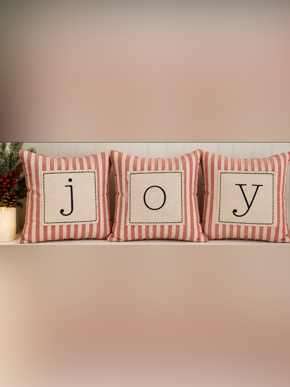 [St. Nicholas Square] JOY Christmas Pillows Set of 3 Red Cream Farmhouse 11X11